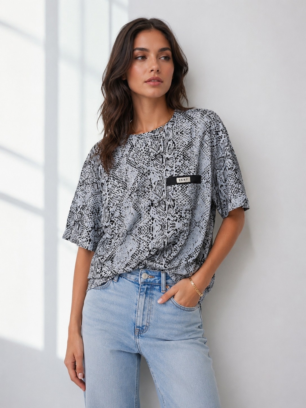 DKNY Black and Light Blue  Snake-Print Short Sleeve Tee